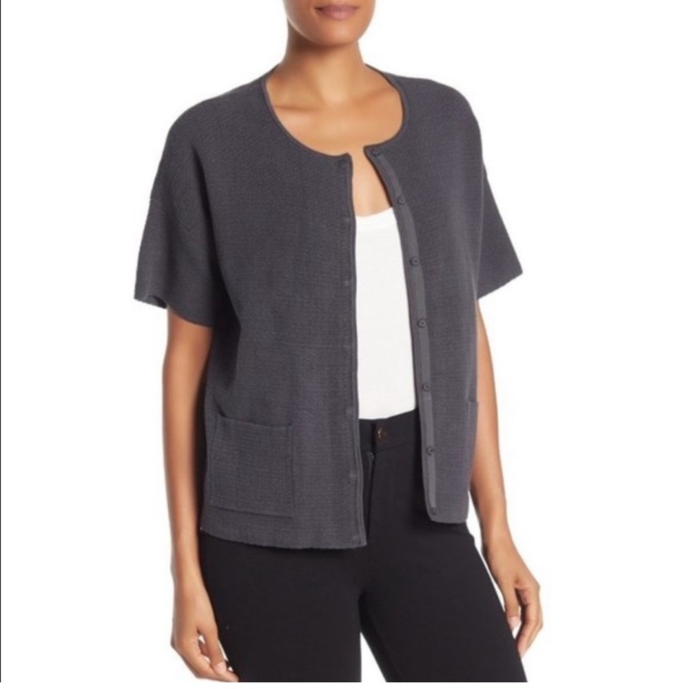 NWT Eileen Fisher Size Medium Short Sleeve Silk Blend Cardigan Gray Graphite